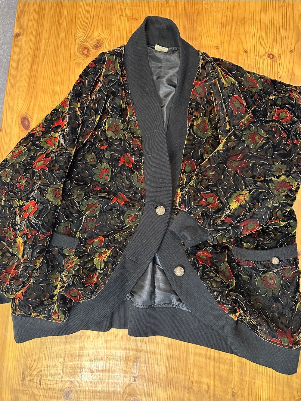 Women's Floral Velvet Bomber Jacket - Black Multicolor French VTG